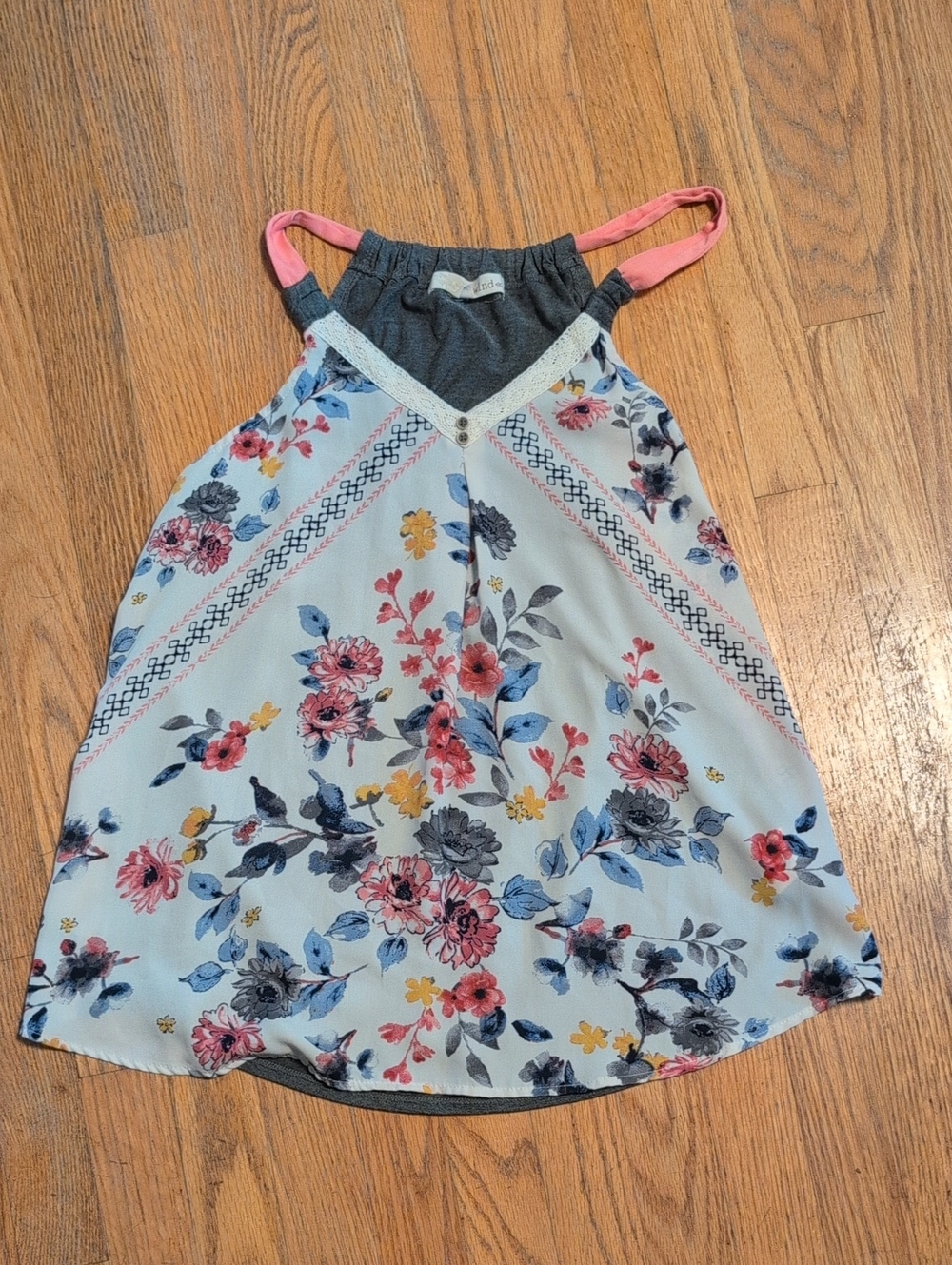 Rewind Floral Halter Tank Top - Light Blue with Pink Straps